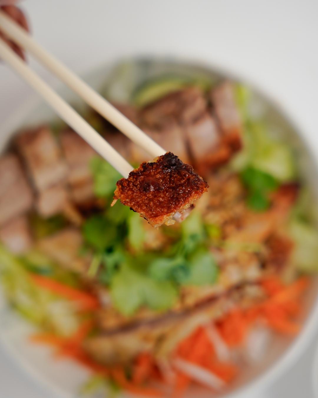 Crispy pork rice bowl close up