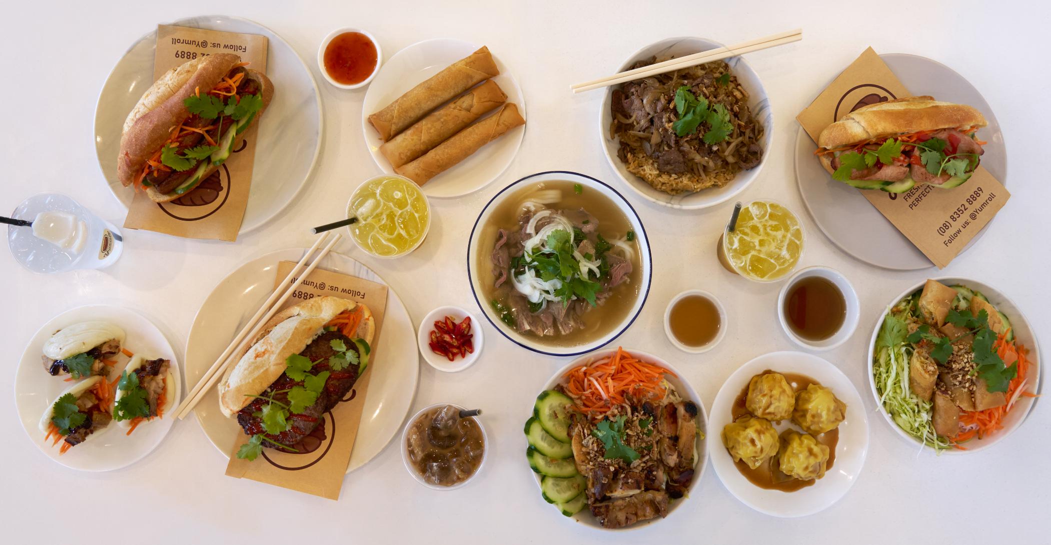 Banh mi and drinks flatlay