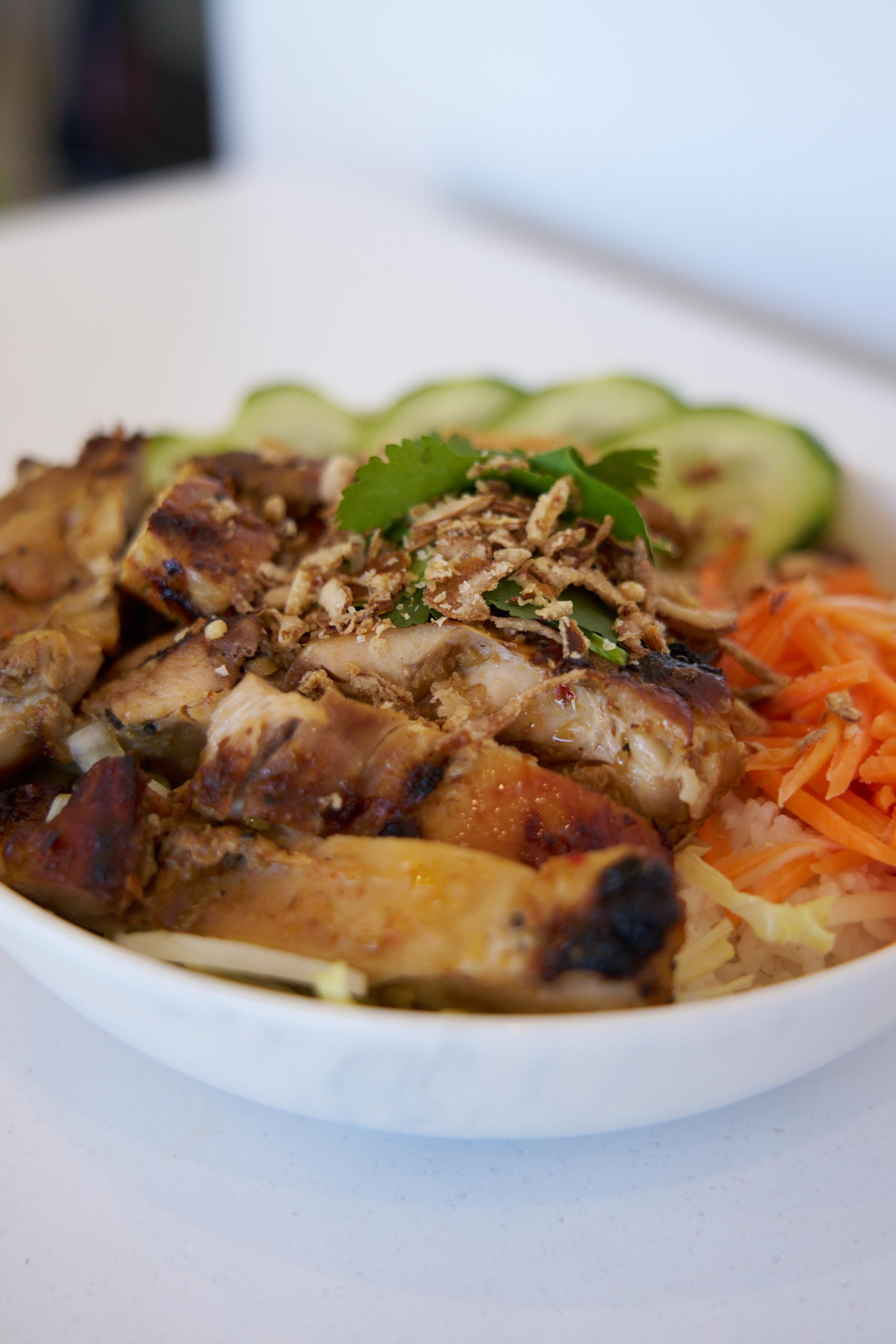 Crispy pork rice bowl close up